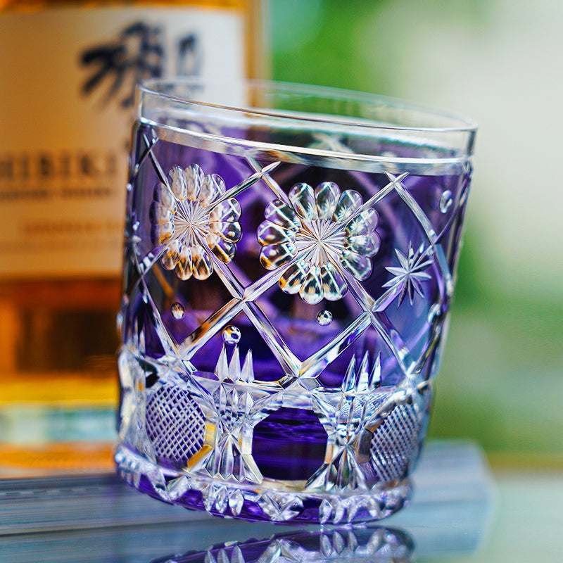 Edo Kiriko Handcrafted "Violet Kohana Blossom" Crystal Glass – Japanese Artisan Luxury with Wooden Box