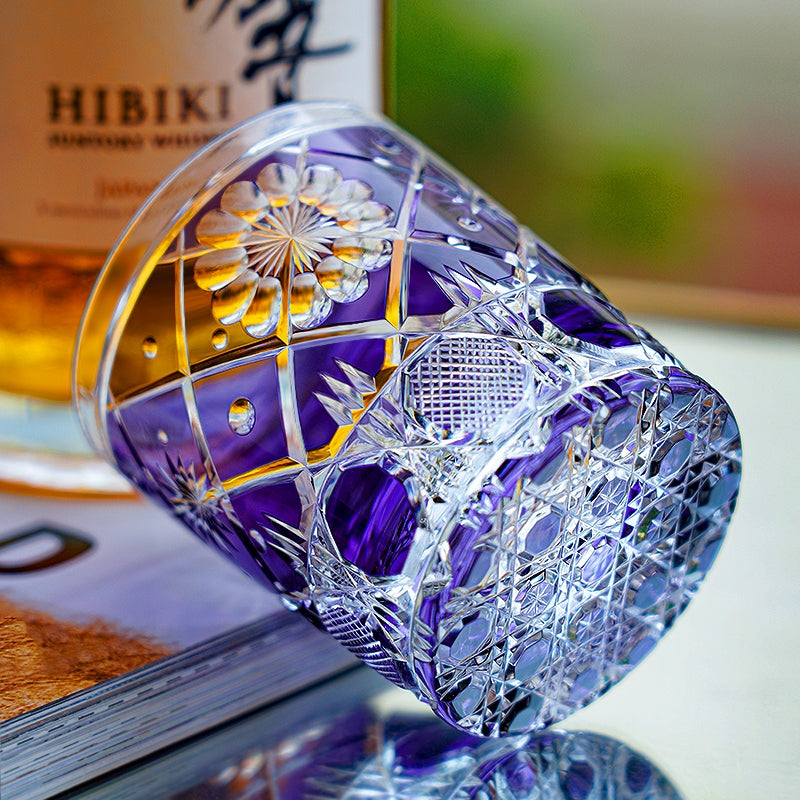 Edo Kiriko Handcrafted "Violet Kohana Blossom" Crystal Glass – Japanese Artisan Luxury with Wooden Box