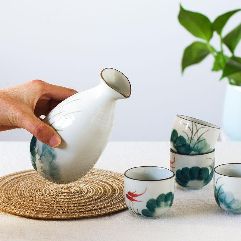 Japanese Handcrafted Goldfish Ceramic Sake Set of 6 – Dive into Tranquil Elegance