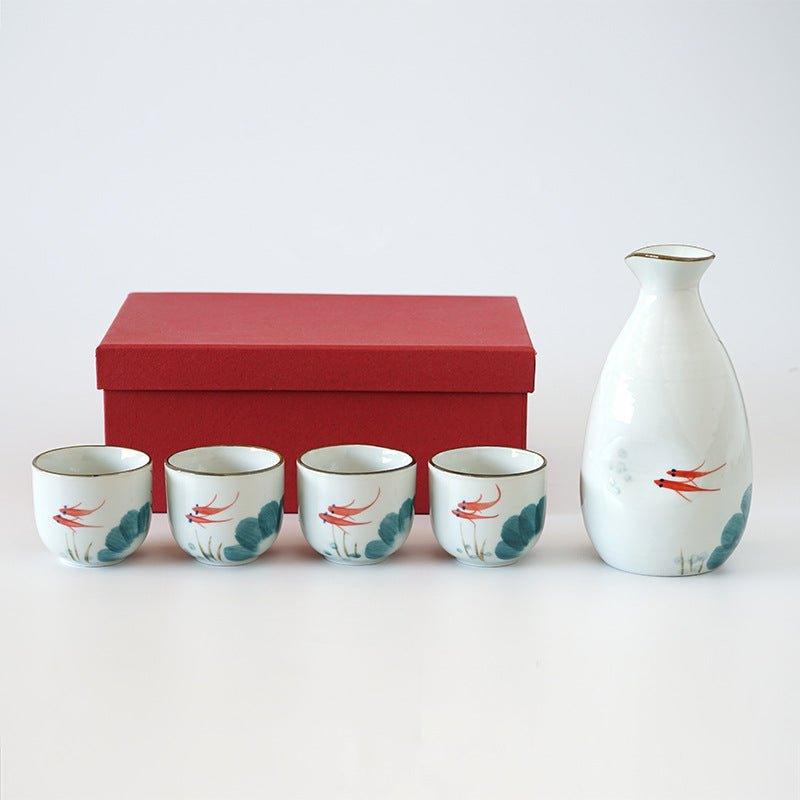 Japanese Handcrafted Goldfish Ceramic Sake Set of 6 – Dive into Tranquil Elegance