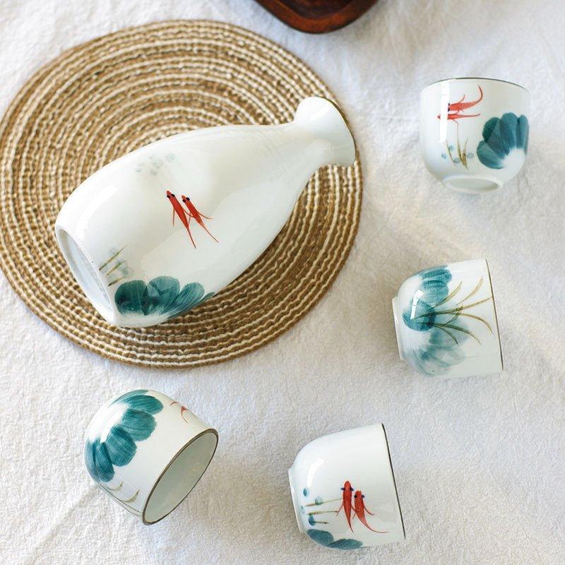 Japanese Handcrafted Goldfish Ceramic Sake Set of 6 – Dive into Tranquil Elegance