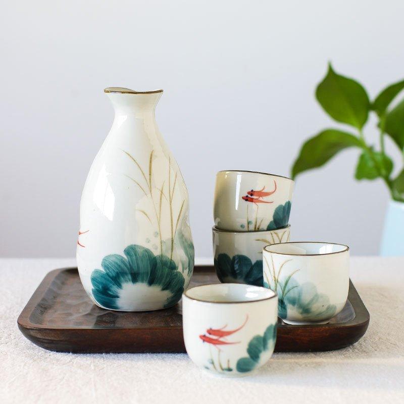 Japanese Handcrafted Goldfish Ceramic Sake Set of 6 – Dive into Tranquil Elegance