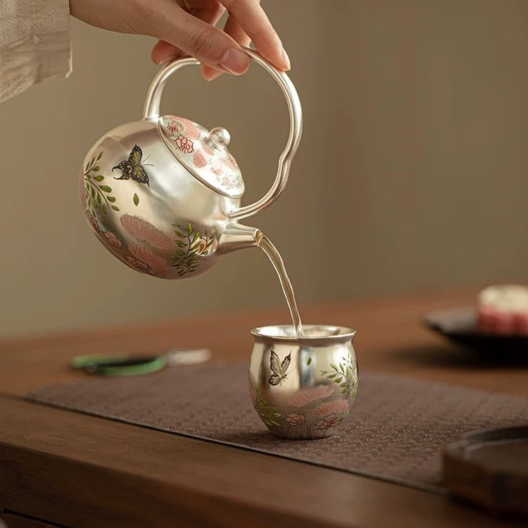 Silver-Inlaid Butterfly & Floral Beam Handle Tea Set