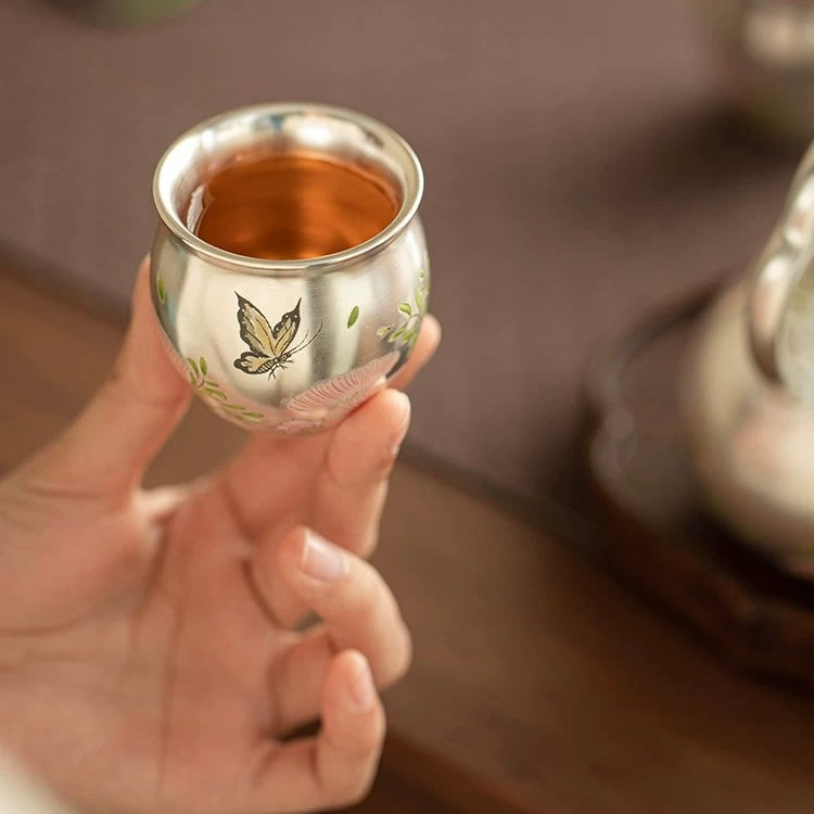 Silver-Inlaid "Butterfly & Floral" Beam Handle Tea Set | Handcrafted Ceramic Trio