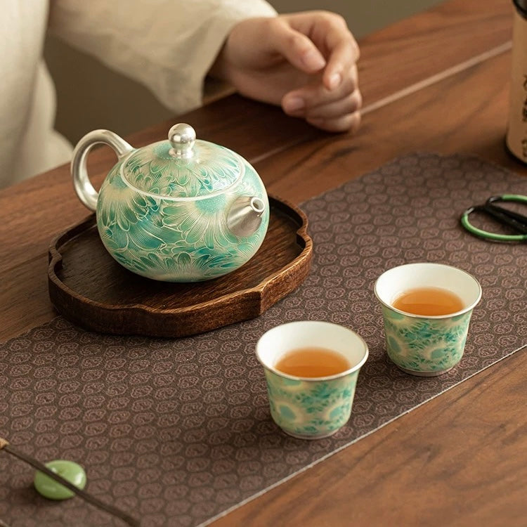 Silver Daisy Mutton-Fat Jade Tea Set | 220ml Pot & 50ml Cups