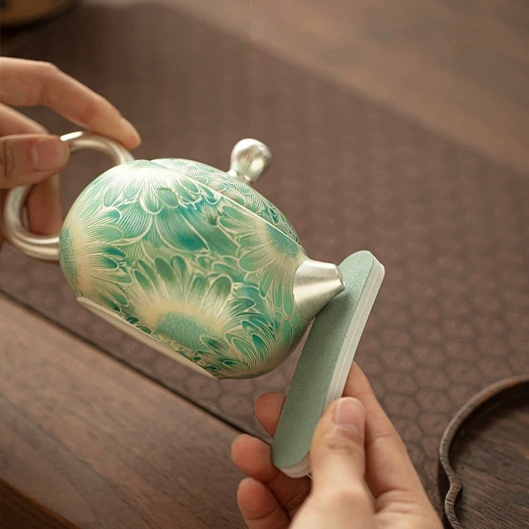 Silver Daisy Mutton-Fat Jade Tea Set | 220ml Pot & 50ml Cups