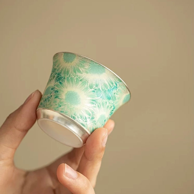 Silver Daisy Mutton-Fat Jade Tea Set | 220ml Pot & 50ml Cups