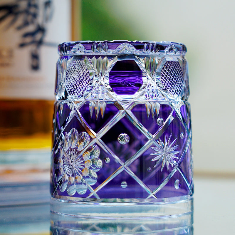 Edo Kiriko Handcrafted "Violet Kohana Blossom" Crystal Glass – Japanese Artisan Luxury with Wooden Box