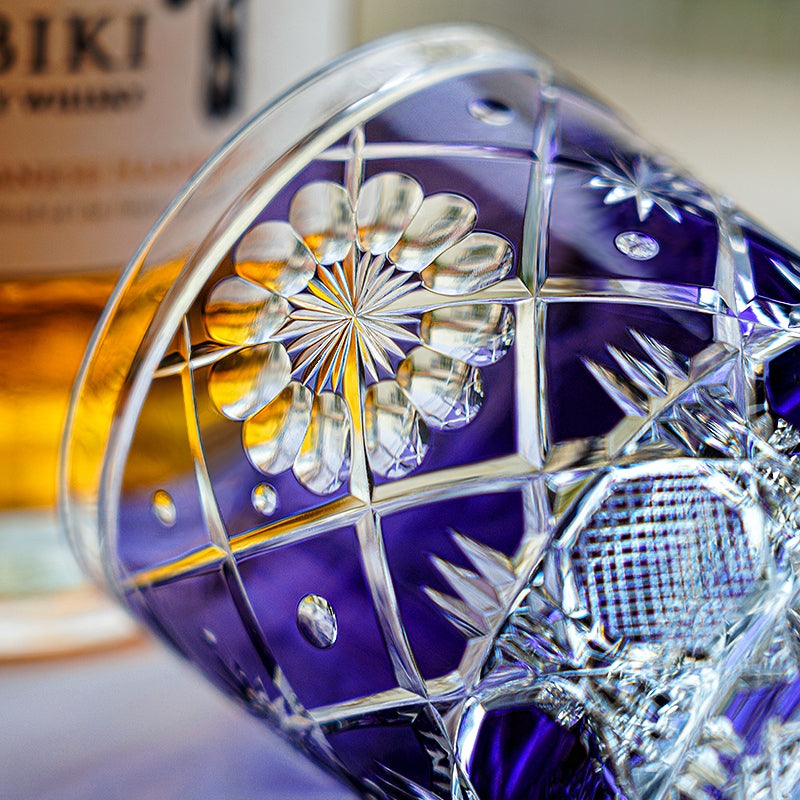 Edo Kiriko Handcrafted "Violet Kohana Blossom" Crystal Glass – Japanese Artisan Luxury with Wooden Box