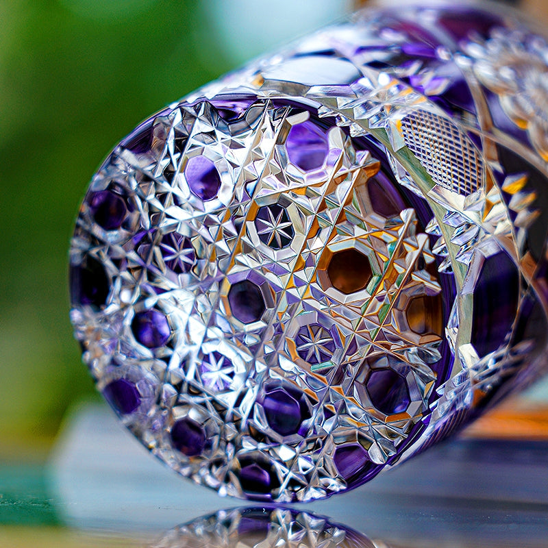 Edo Kiriko Handcrafted "Violet Kohana Blossom" Crystal Glass – Japanese Artisan Luxury with Wooden Box