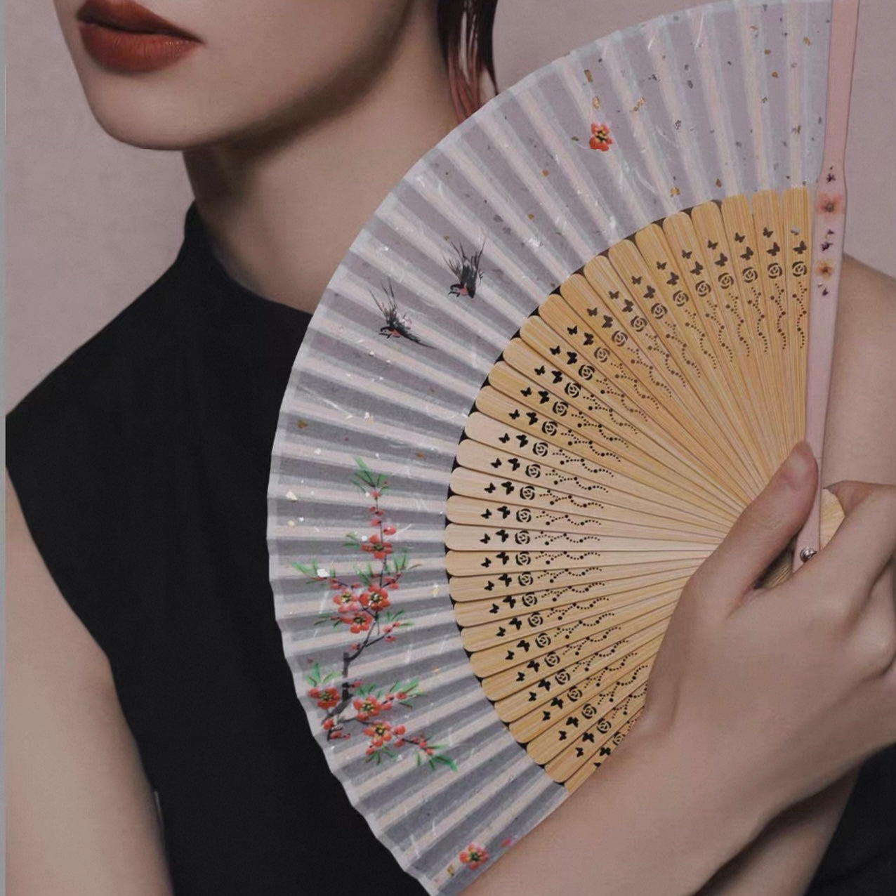 The Filigree Garden | Full-Bamboo Carved Hand-Painted Silk Folding Fan
