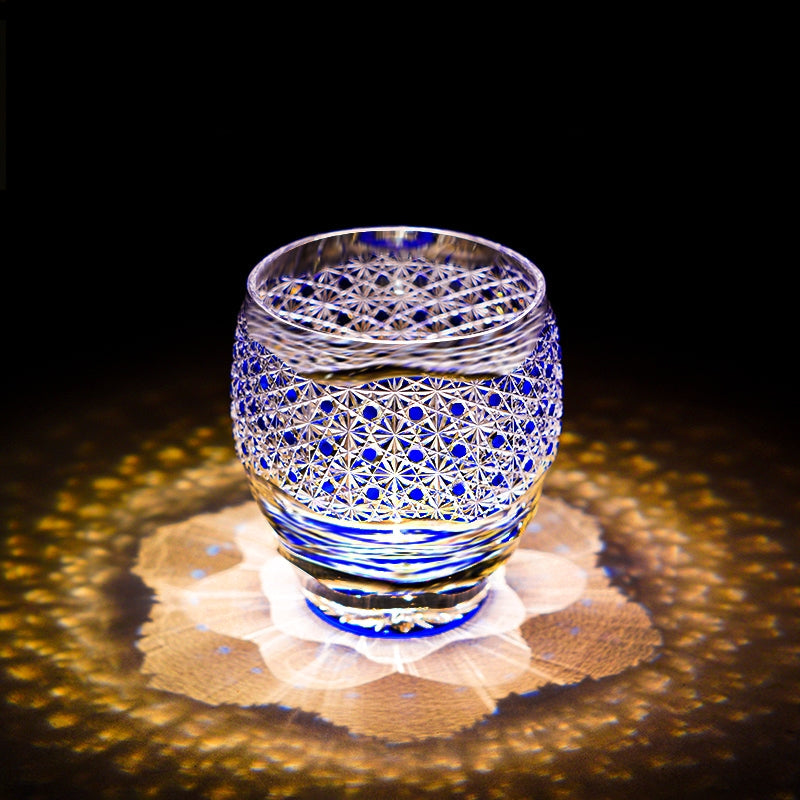 Edo Kiriko Handcrafted Midnight Blue Starburst Glasss With Wooden Box