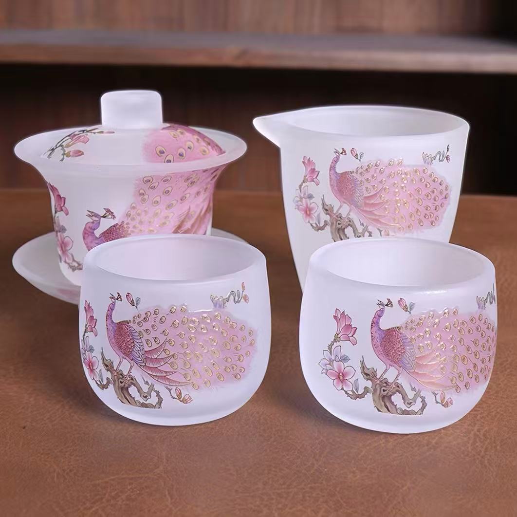 Pink Frosted "Luminous Peacock" Glass Sancai Gaiwan