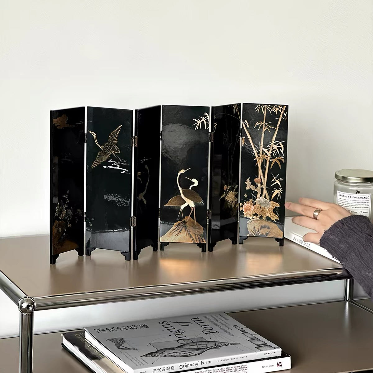 Bamboo, Stone and Crane Lacquer Screen