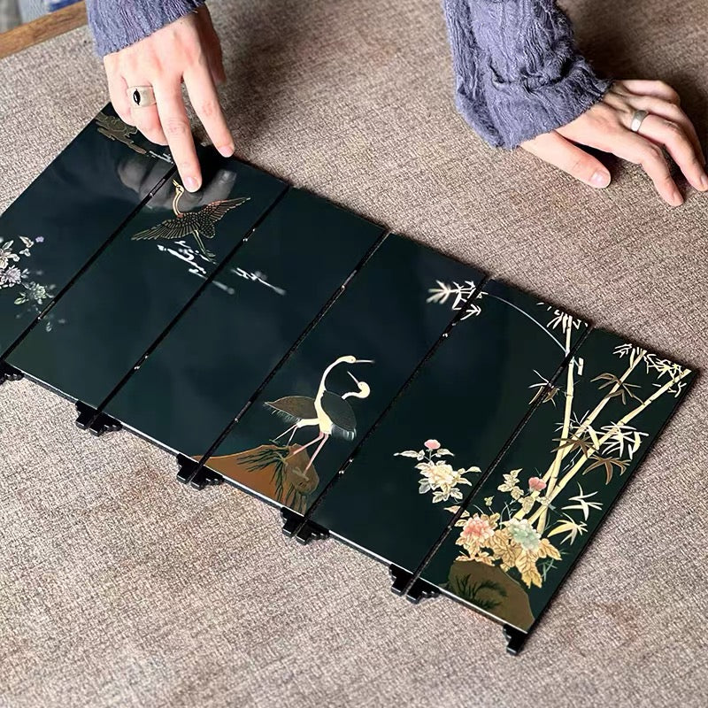 Bamboo, Stone and Crane Lacquer Screen