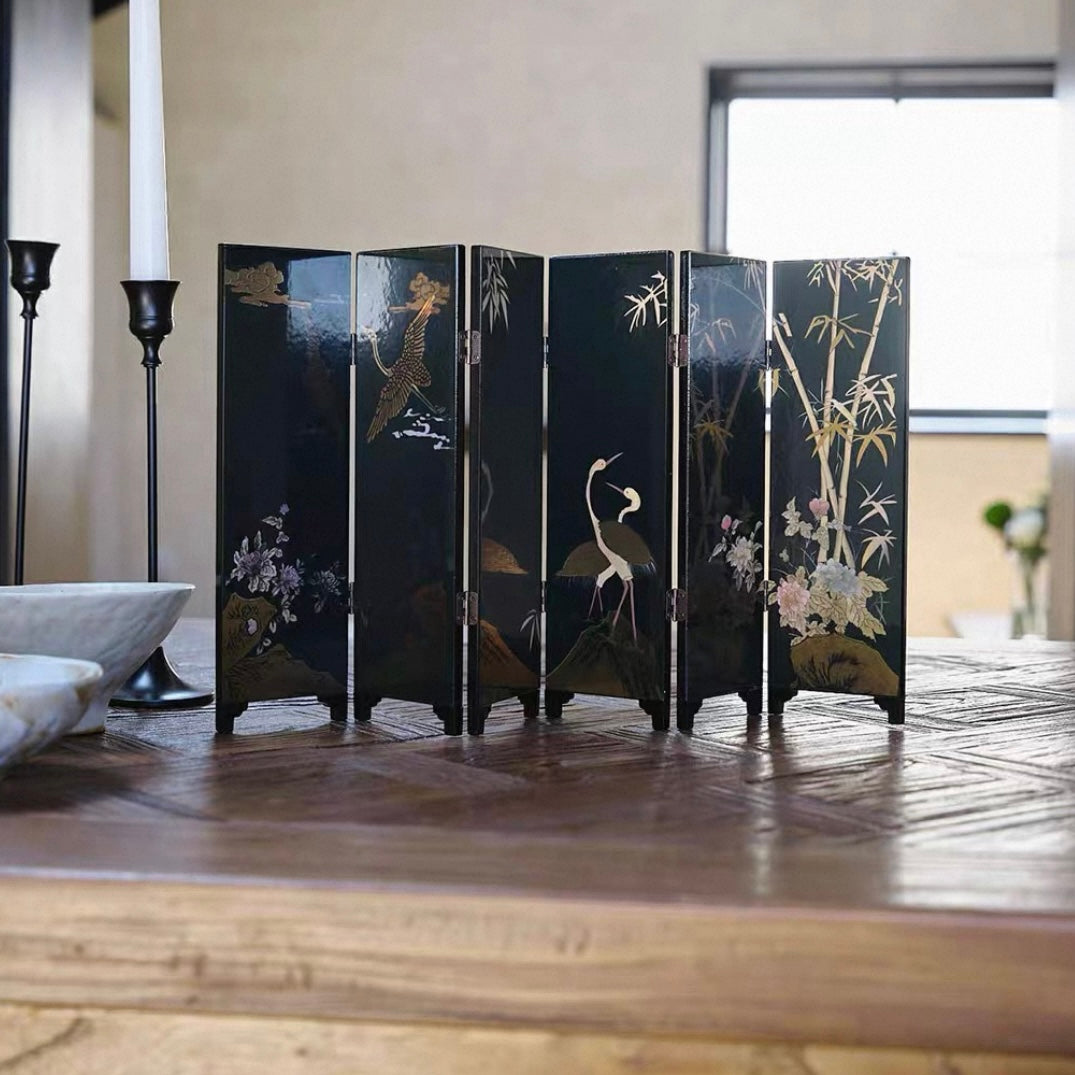 Bamboo, Stone and Crane Lacquer Screen