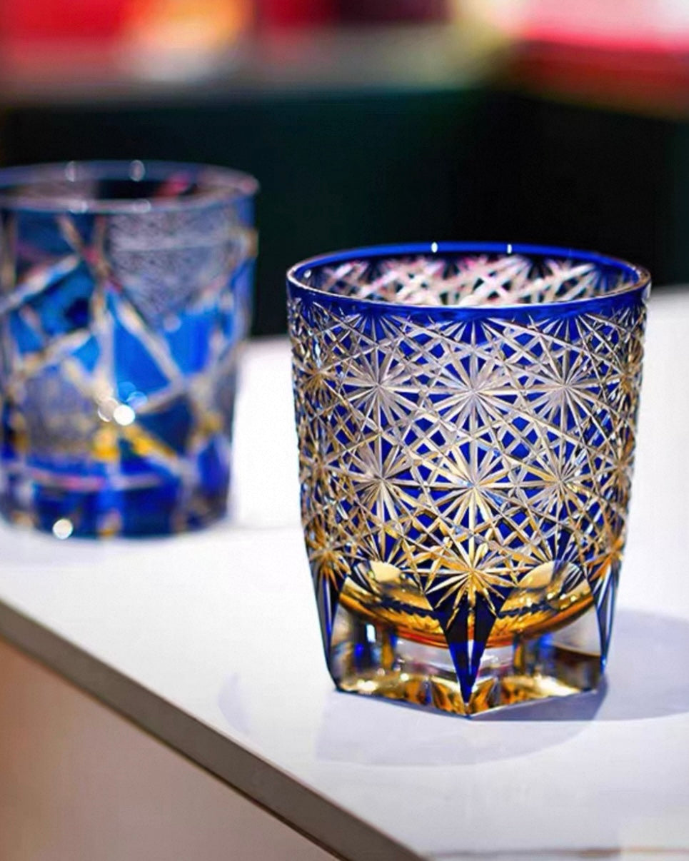 Hand-Cut Edo Kiriko Crystal Glass – Amber and Ocean Harmony