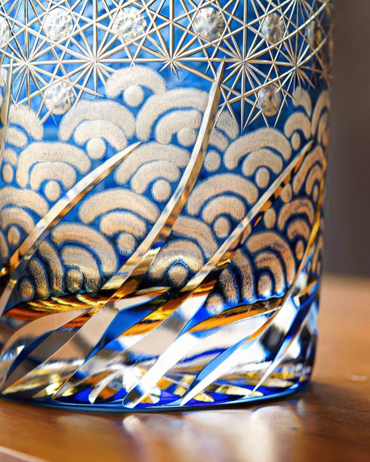 Hand-Cut Edo Kiriko Crystal Glass – Amber and Ocean Harmony
