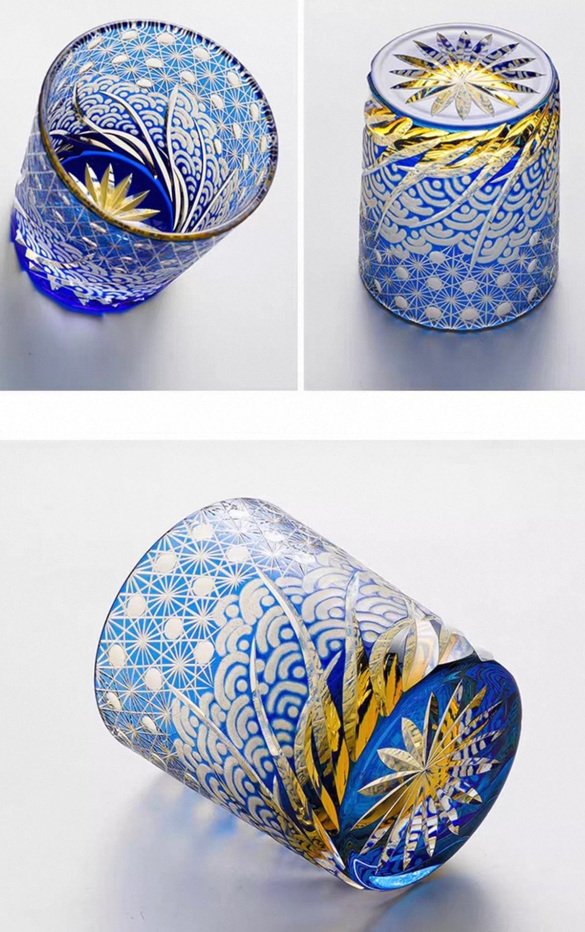 Hand-Cut Edo Kiriko Crystal Glass – Amber and Ocean Harmony