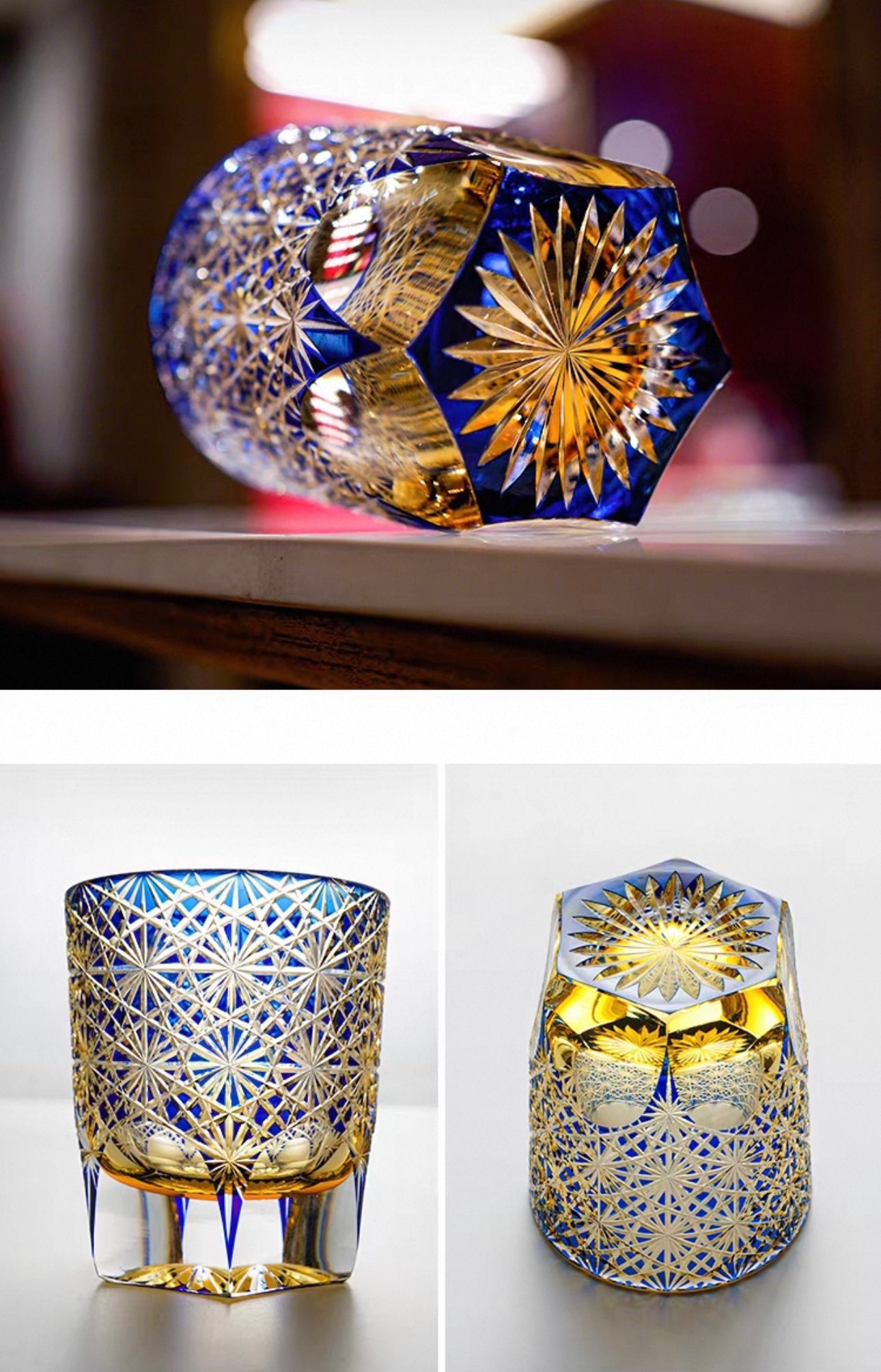 Hand-Cut Edo Kiriko Crystal Glass – Amber and Ocean Harmony