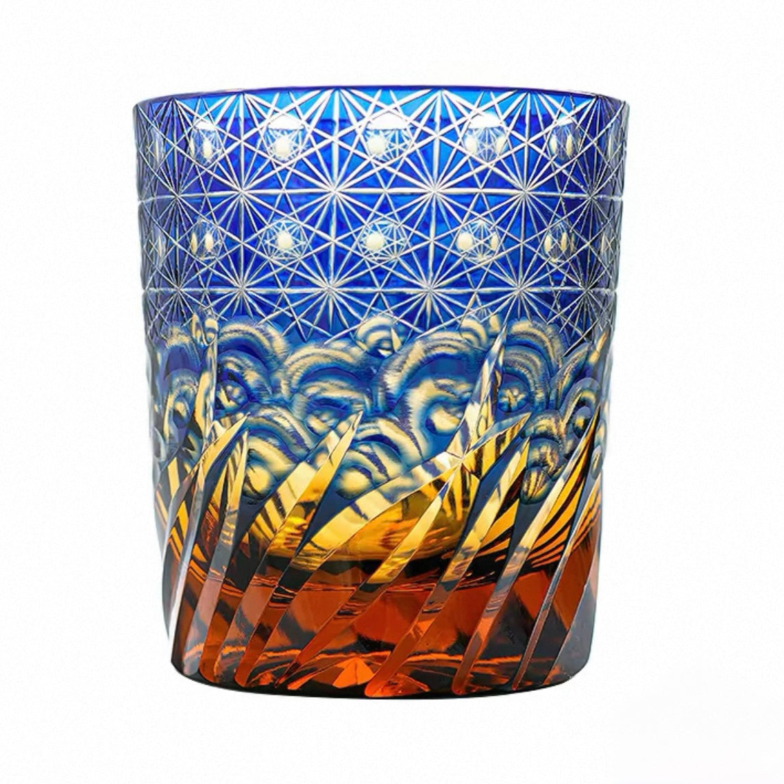 Hand-Cut Edo Kiriko Crystal Glass – Amber and Ocean Harmony