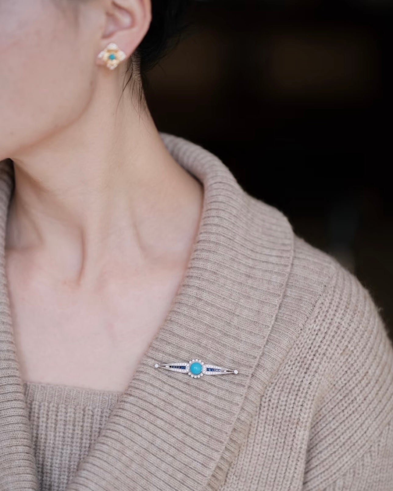 Artisan High-Porcelain Blue Turquoise "Linear Blossom" Brooch | 8mm Masterpiece