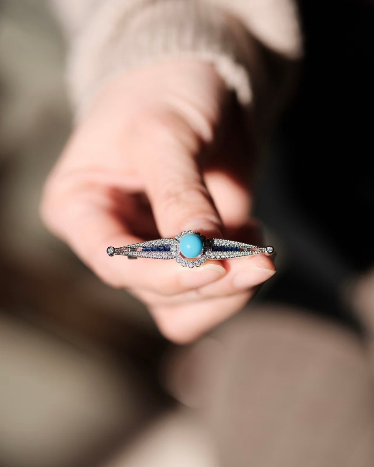 Artisan High-Porcelain Blue Turquoise "Linear Blossom" Brooch | 8mm Masterpiece