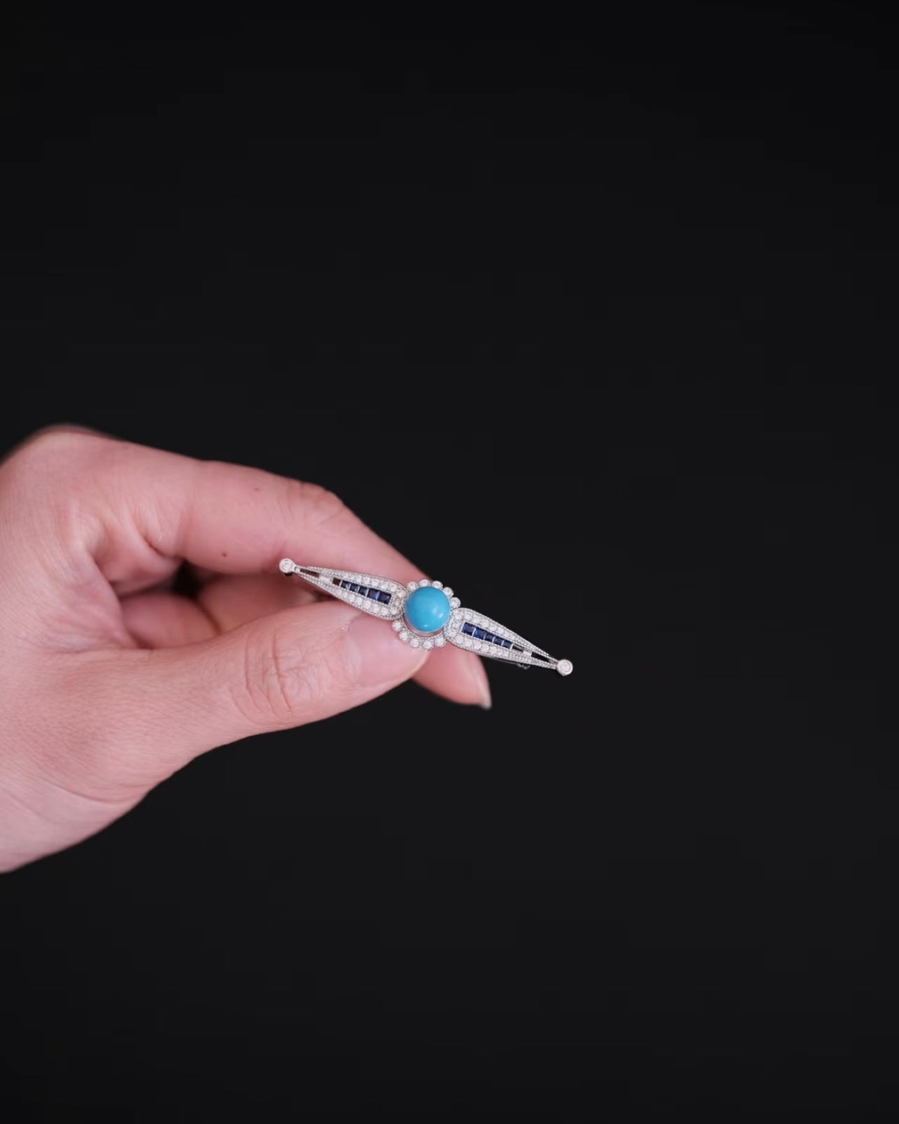Artisan High-Porcelain Blue Turquoise "Linear Blossom" Brooch | 8mm Masterpiece