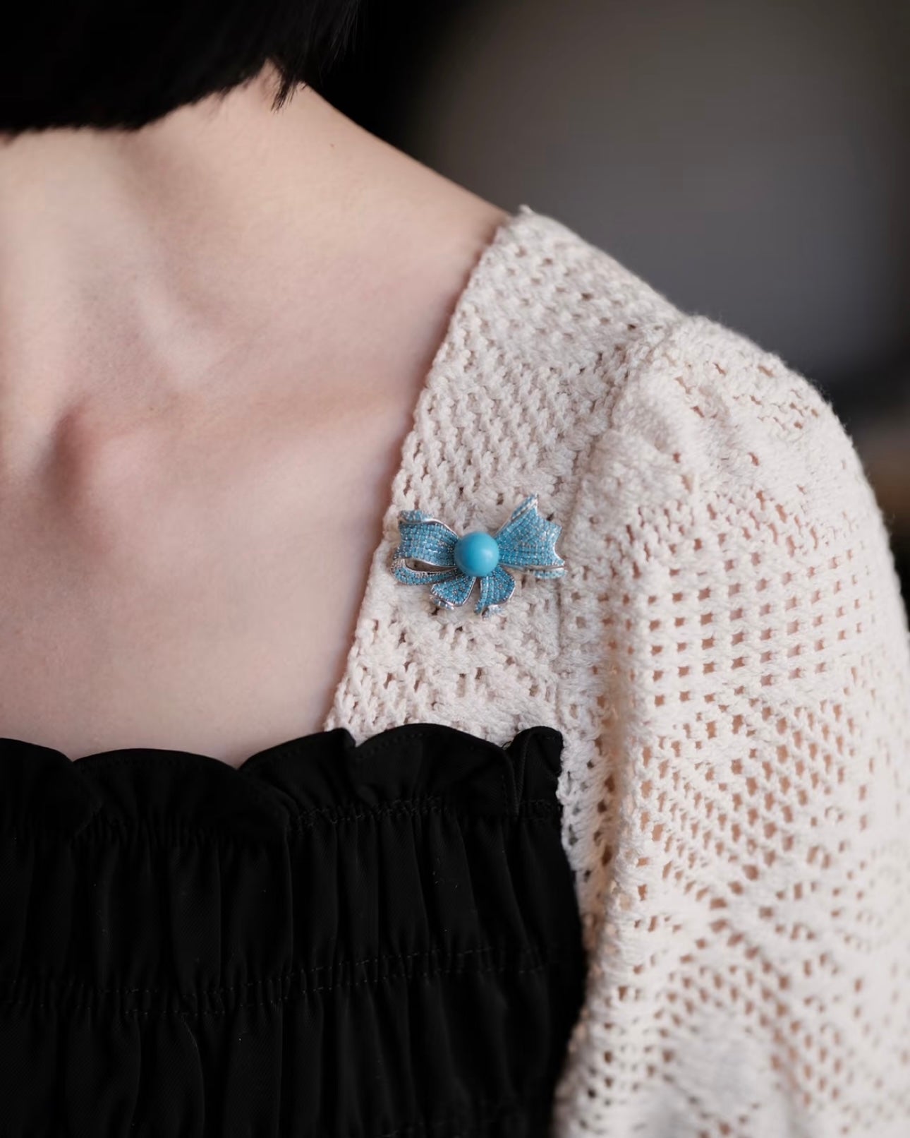 10mm High-Porcelain Blue Turquoise "Royal Bow" Brooch | Ultra-Heavywork Pavé