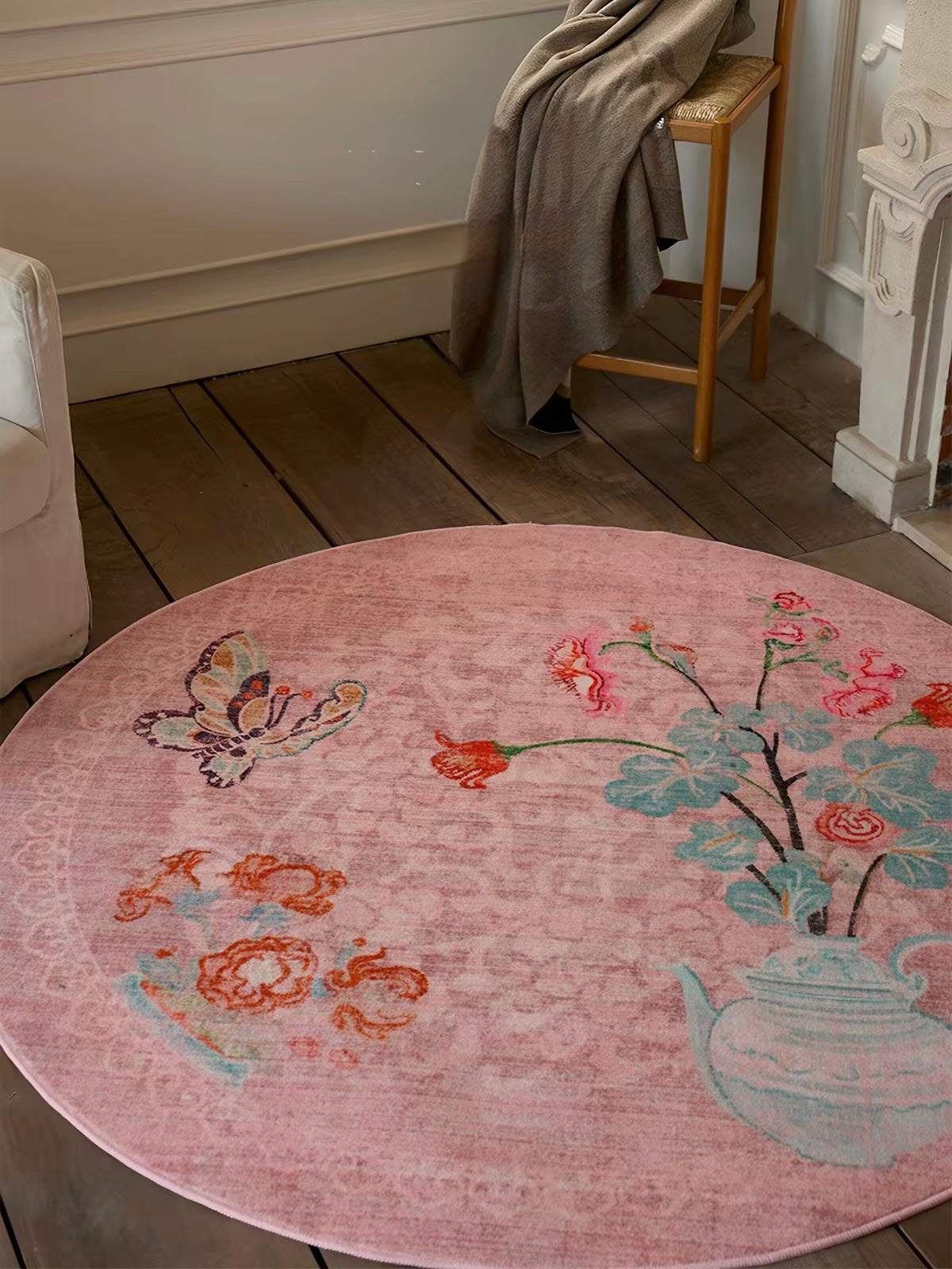 Vintage Butterfly and Blossom Round Rug – A Romantic Bloom of Timeless Elegance