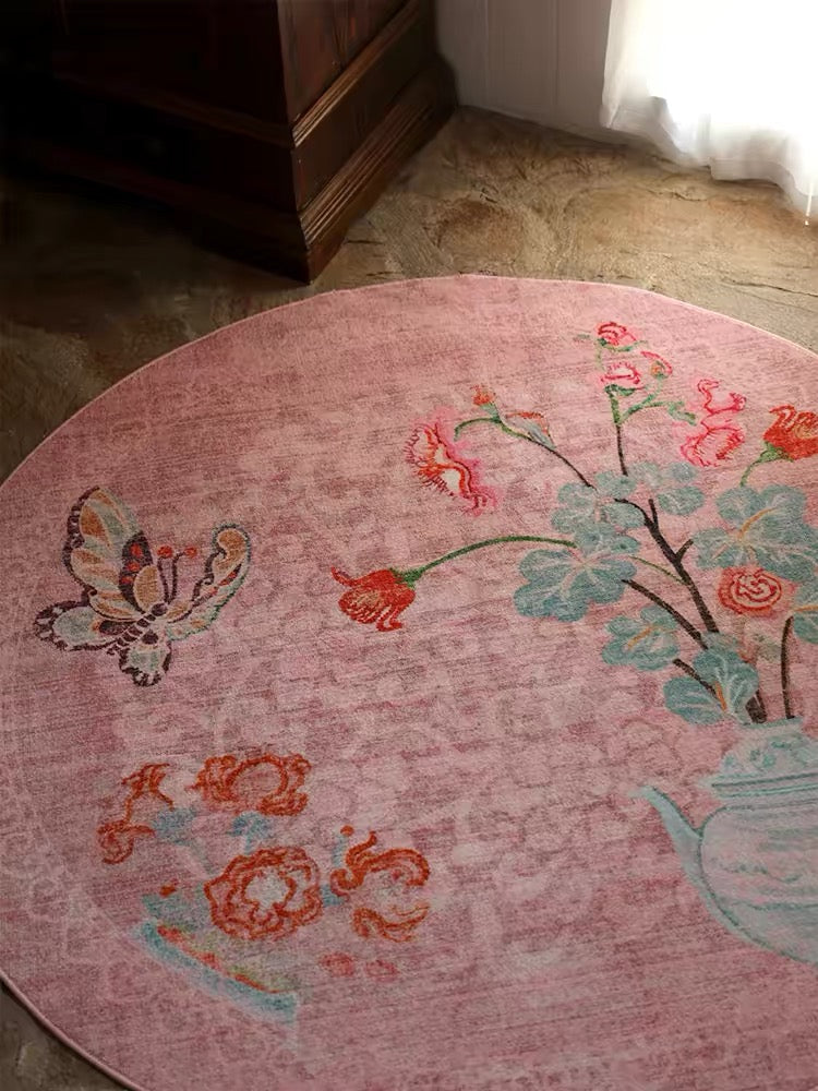 Vintage Butterfly and Blossom Round Rug – A Romantic Bloom of Timeless Elegance