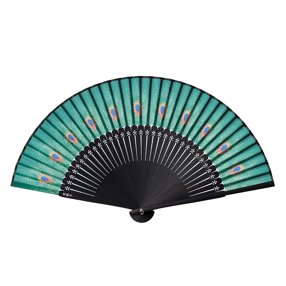 Handcrafted Silk Folding Fan – Peacock Feather Collection | Personalized Gift Edition