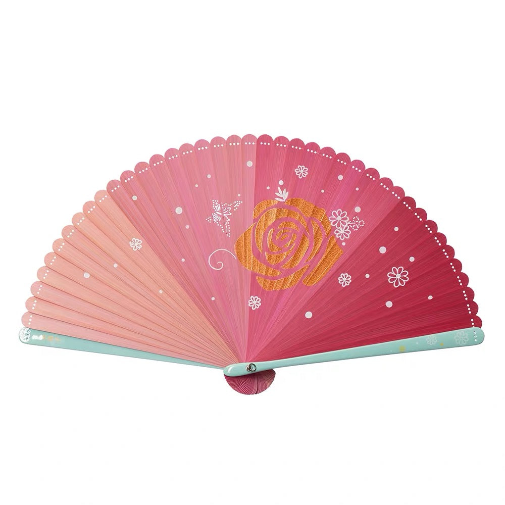 Handcrafted Rose and Snowflake Folding Fan – Lacquer-Painted Silk Fan | Personalized Gift Edition