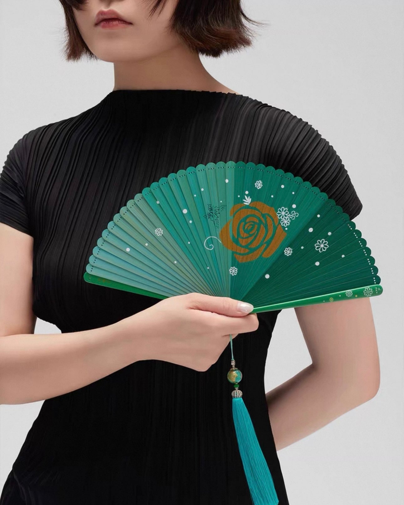 Handcrafted Rose and Snowflake Folding Fan – Lacquer-Painted Silk Fan | Personalized Gift Edition
