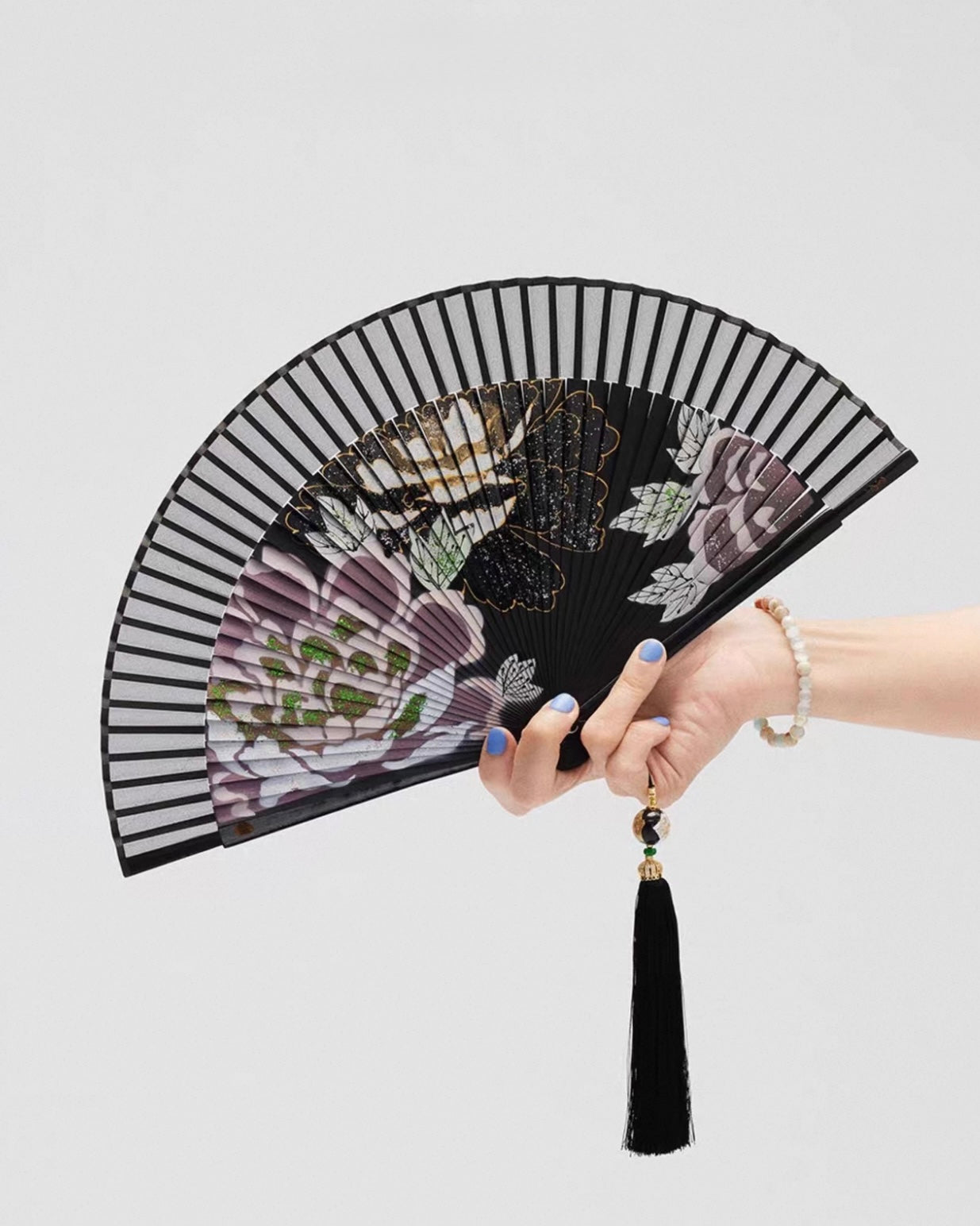 Handcrafted Three Peonies Silk Folding Fan – Lacquer-Painted Artisan Fan | Personalized Gift Edition