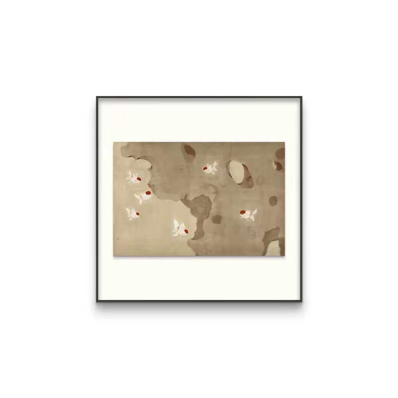 Taihu Stone and Koi Fish Wall Art –  Wabi-Sabi Canvas Artwork with Layered Frame