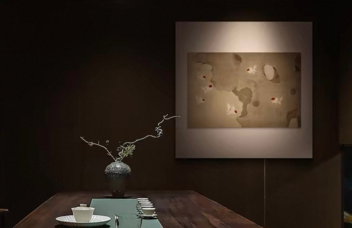 Taihu Stone and Koi Fish Wall Art –  Wabi-Sabi Canvas Artwork with Layered Frame