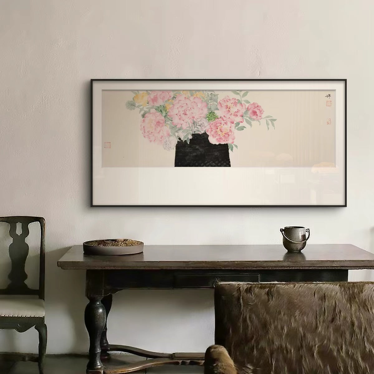 "Blooming Harmony" Flower and Bird Wabi-Sabi Wall Art – Oriental Botanical Canvas with Premium Wood Frame