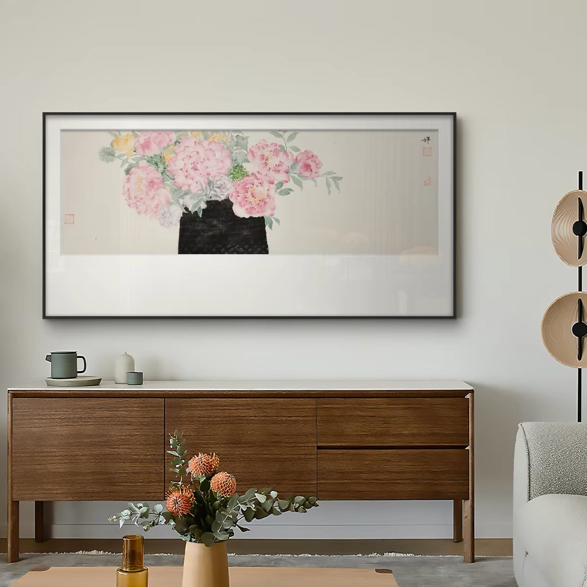 "Blooming Harmony" Flower and Bird Wabi-Sabi Wall Art – Oriental Botanical Canvas with Premium Wood Frame