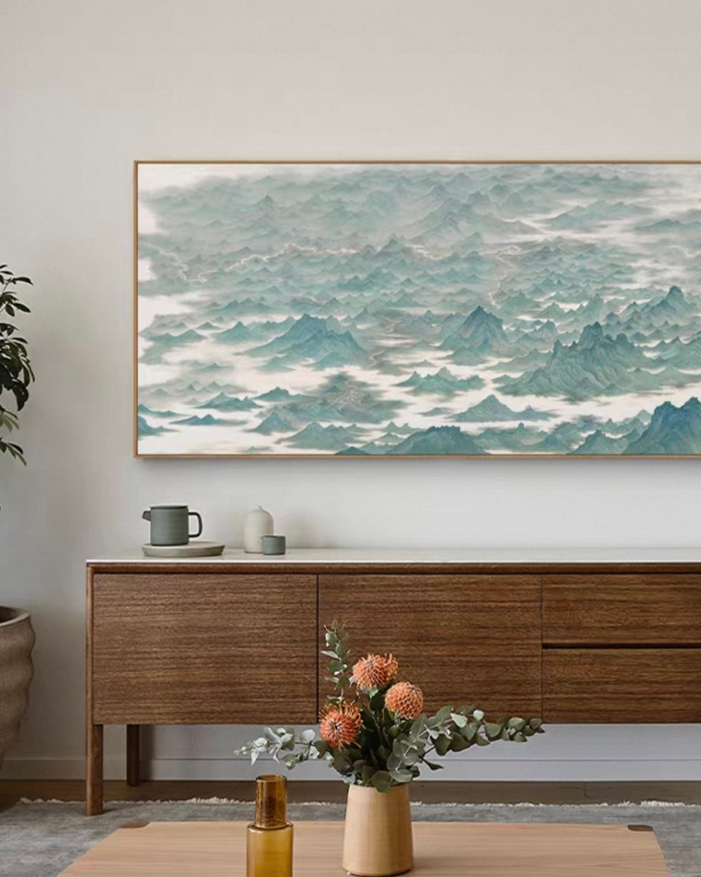 "Azure Mountain Serenity" Wabi-Sabi Landscape Wall Art – Zen Canvas for Luxury Interiors