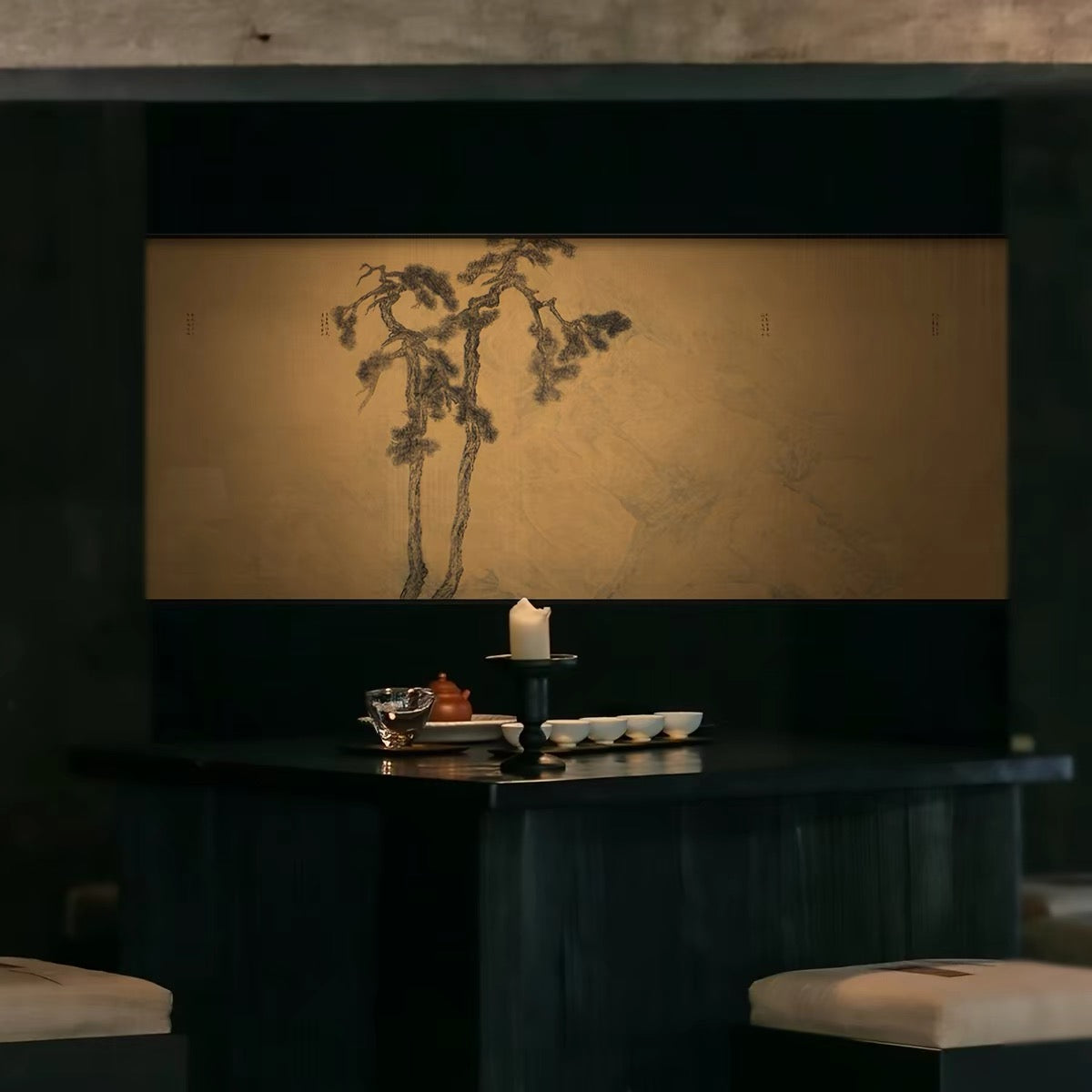 "Evergreen Serenity" Wabi-Sabi Pine Wall Art – Panoramic Zen Canvas with Premium Wood Frame