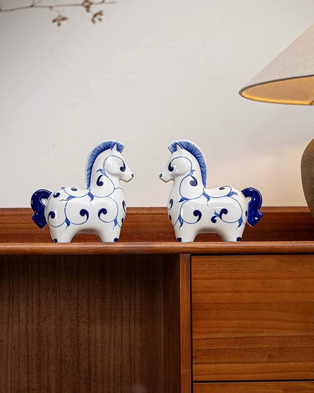 Jingdezhen Blue & White Porcelain "Auspicious Horse" Statue | Home & Office Prosperity Decor