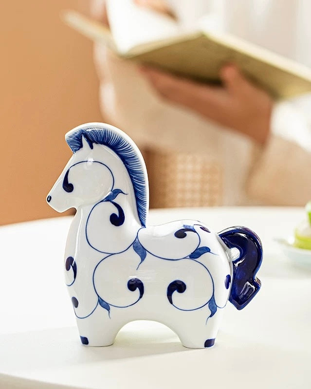 Jingdezhen Blue & White Porcelain "Auspicious Horse" Statue | Home & Office Prosperity Decor