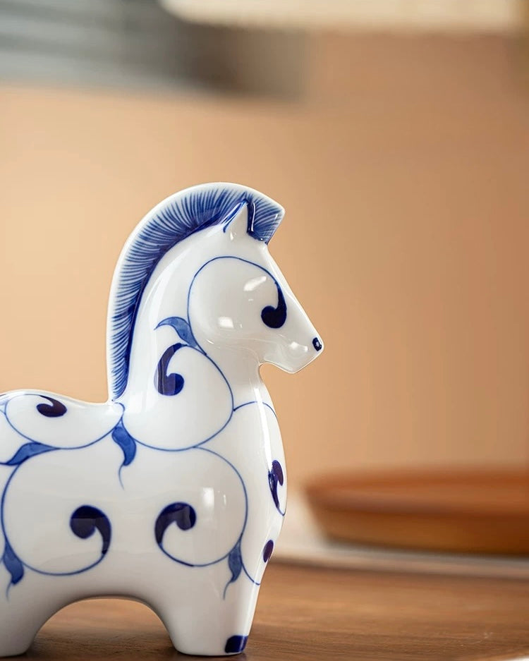 Jingdezhen Blue & White Porcelain "Auspicious Horse" Statue | Home & Office Prosperity Decor
