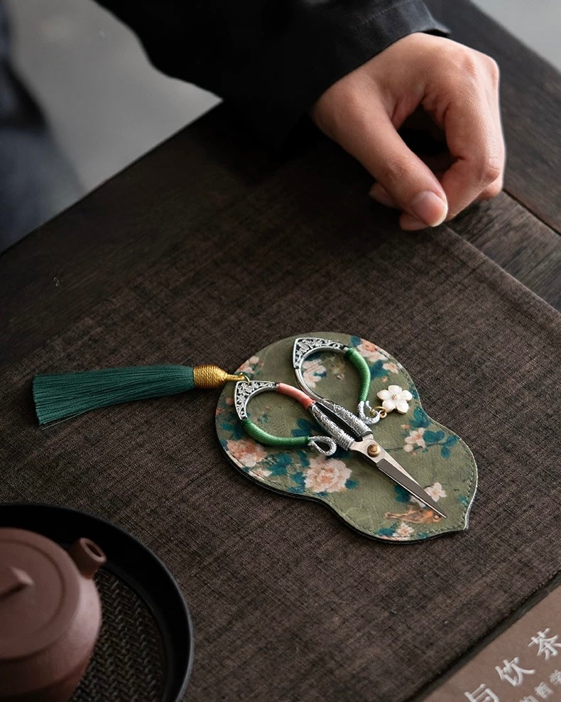 Artisan "Flowing Petal" Tassel Shears | Precision Tea Art Scissors with Brocade Sleeve