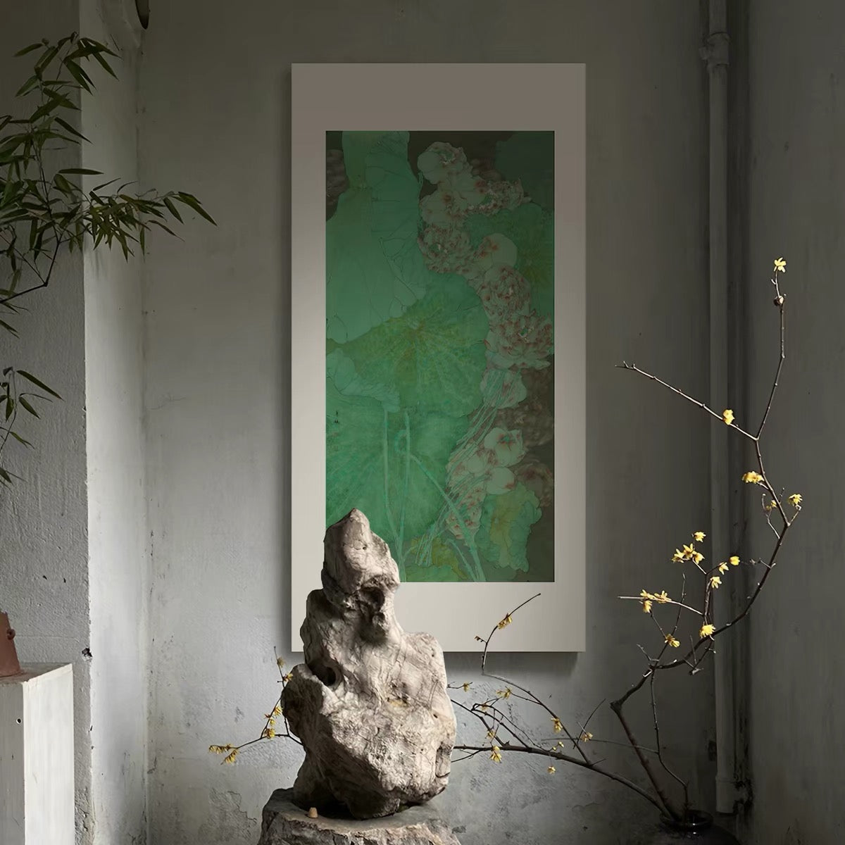 "Emerald Lotus Serenity" Wall Art – Japanese-Inspired Botanical Canvas with Premium Wood Frame