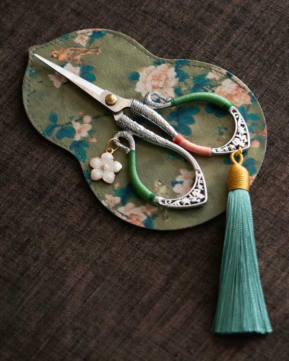 Artisan "Flowing Petal" Tassel Shears | Precision Tea Art Scissors with Brocade Sleeve