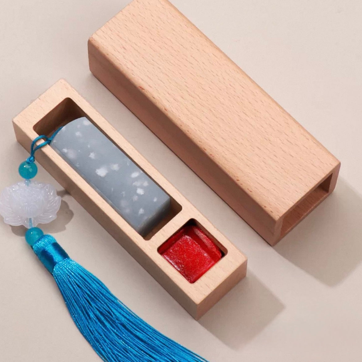 Custom Hand-Carved Sky Blue Stone Seal – Personalized Artisan Name Stamp with Premium Wooden Gift Box