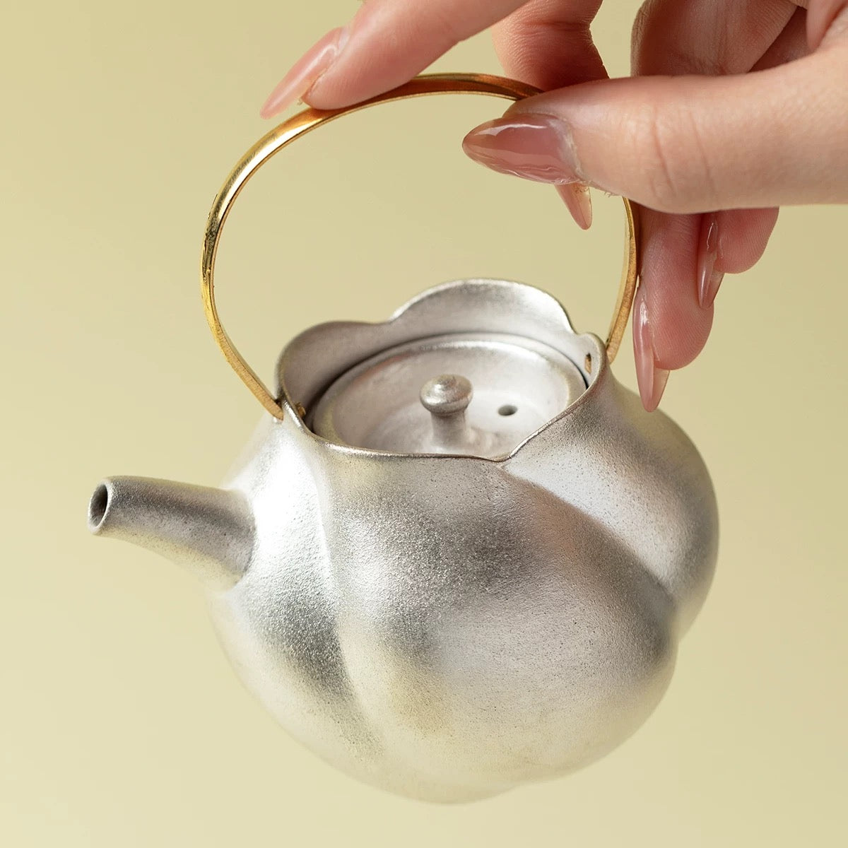 Handcrafted Gilded Silver "Side-Handle" Teapot | Copper Handle & Coarse Pottery