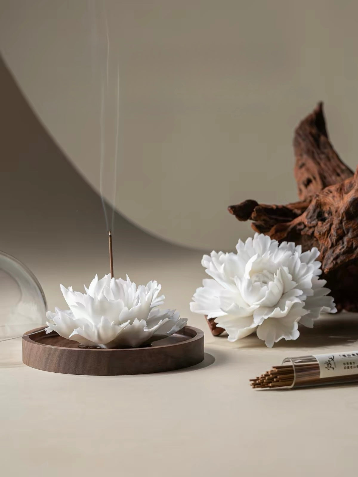 Handcrafted Jade Porcelain Peony Incense Holder – Sculpted Ceramic Flower with Optional Engraved Walnut Base
